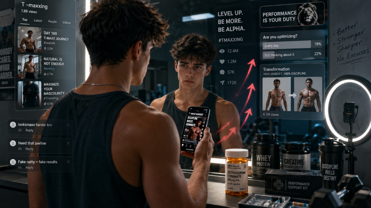Young man in a gym looking at his reflection and social media fitness content beside testosterone medication and workout supplements.