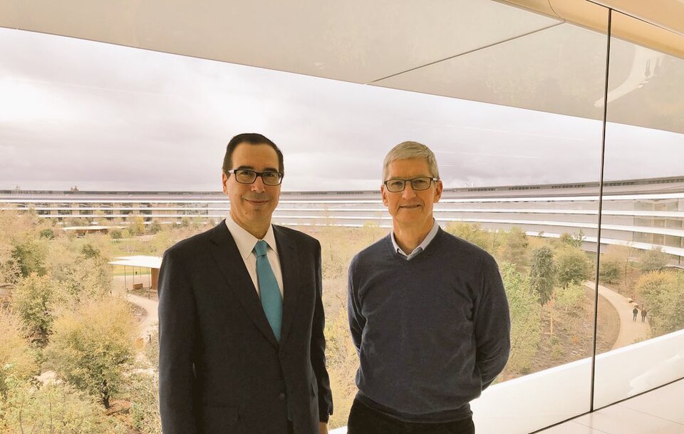 Glad to visit @Apple HQ with @tim_cook. Thank you for your commitment to invest 350B in USA! #TaxCutsJobsAct