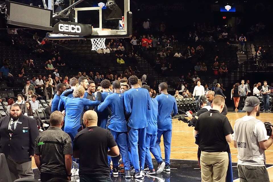 New York Knicks players prior to the NBA Preseason game between the Brooklyn Nets and the New York Knicks at the Barclays Center on October 3, 2018.