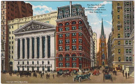 Glossy color postcard entitled, "The New York Stock Exchange, Trinity, Church and Wall Street, New York City." Published by The American Art Publishing Co., New York City. #R-43919. Back reads, "The New York Stock Exchange, located on Broad Street, with an entrance on Wall Street, is built entirely