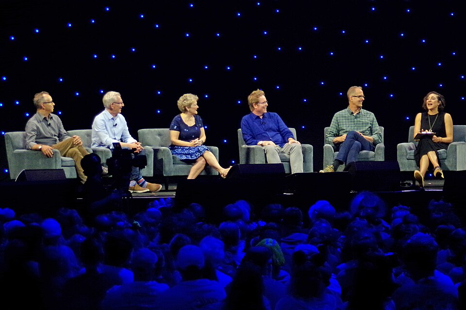 Jonas Rivera, Bob Pauley, Bonnie Arnold, Andrew Stanton, Pete Docter, and Katherine Sarafian discussing "30 Years of Toy Story" at D23: The Ultimate Disney Fan Event on August 9, 2024 at the Anaheim Convention Center in Anaheim, California.Photographed by user Coolcaesar on August 9, 2024.This photo