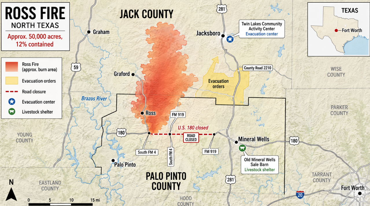 Ross Fire Burns 50,000 Acres in North Texas, Forcing Evacuations
