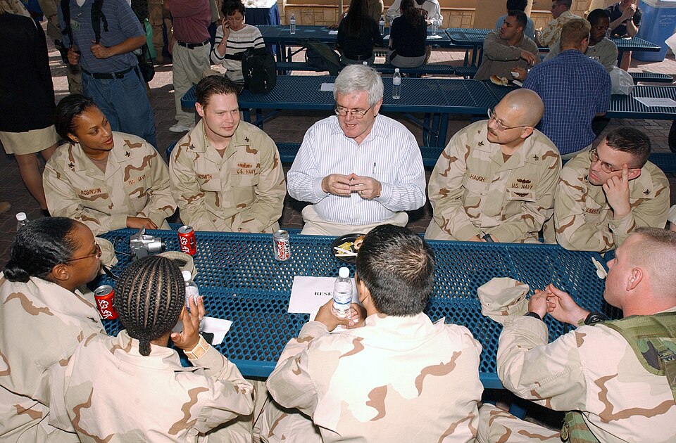 Naval Support Activity, Bahrain (Feb. 8, 2003) -- Mr. Newt Gingrich, from the Defense Policy Board talks with troops assigned to United States Naval Forces Central Command, during his visit to the Fifth Fleet Area of Responsibility.  U.S. Navy photo by Photographer's Mate 2nd Class Dan Lapierre.  (R