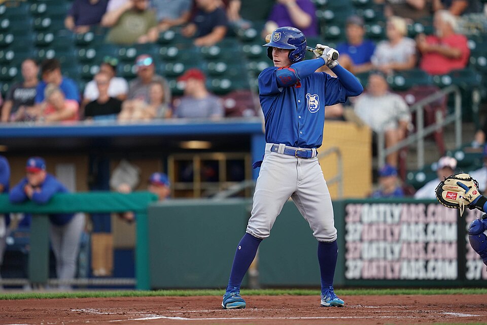 Pete Crow-Armstrong batting for the Iowa Cubs during an August 2023 game at Werner Park in Nebraska.