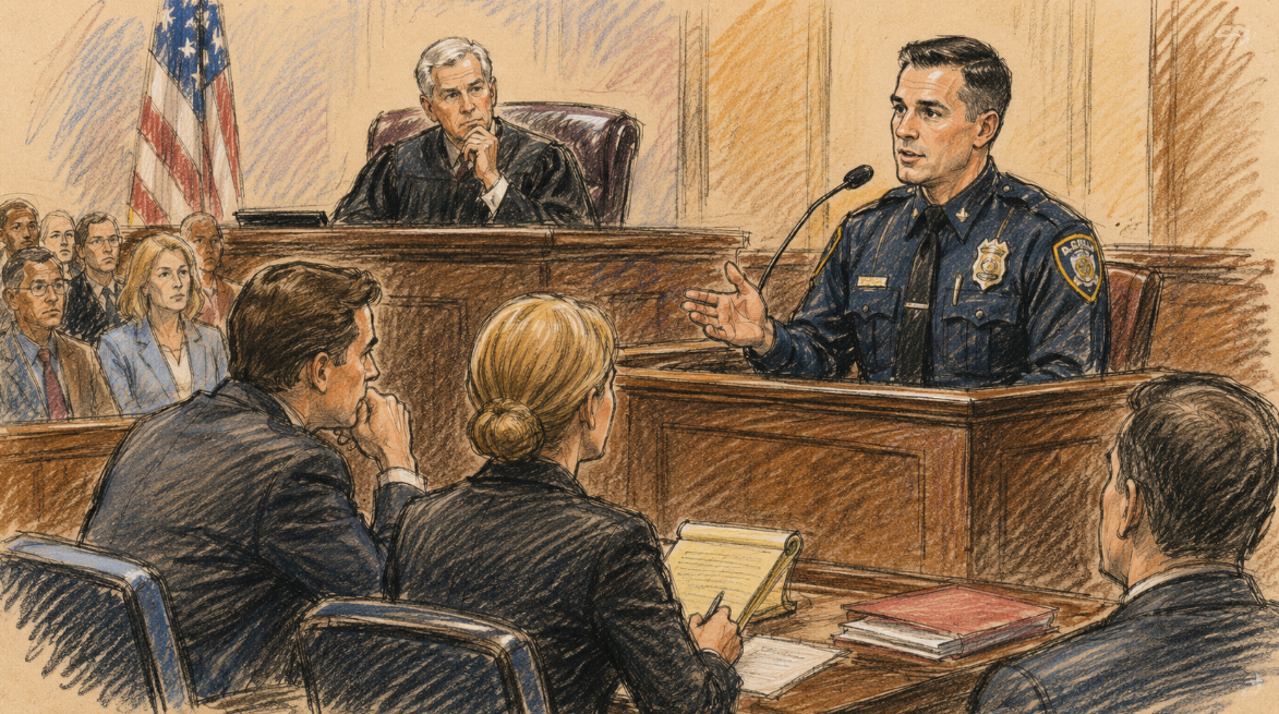 Courtroom sketch showing a uniformed police officer testifying from the witness stand as the judge and attorneys listen.