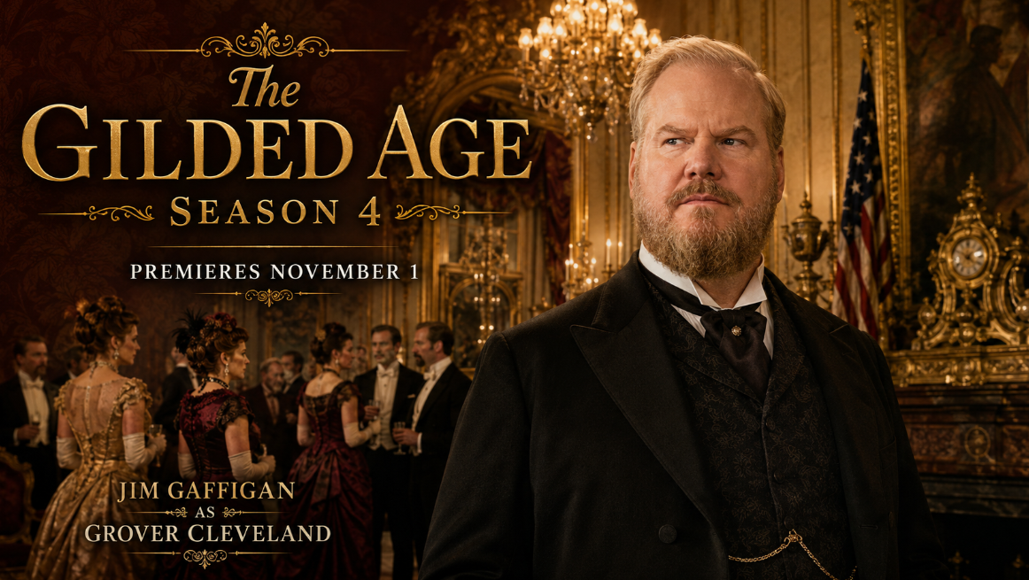 Wide-format promotional image for The Gilded Age Season 4 showing Jim Gaffigan portrayed as President Grover Cleveland in an ornate 19th-century ballroom, with the November 1 premiere date.