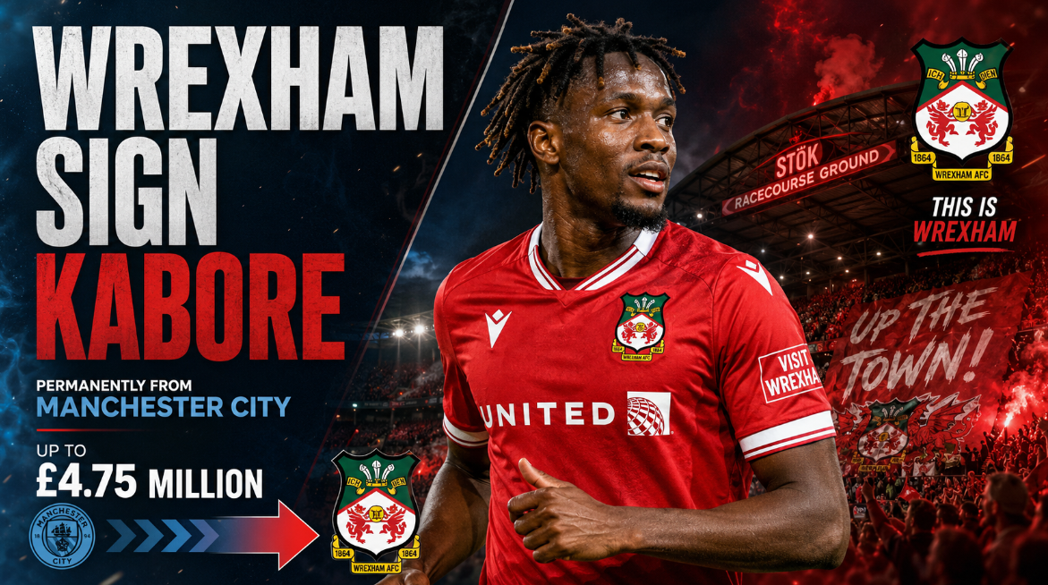 Wide-format transfer graphic showing Issa Kaboré in a Wrexham AFC kit with Manchester City and Wrexham branding, highlighting his permanent move for a fee worth up to £4.75 million.