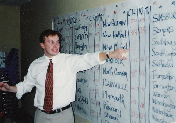 Election night 1996, explaining to crowd that Koskoff leads Johnson w only New Milford left. #throwbackthursday