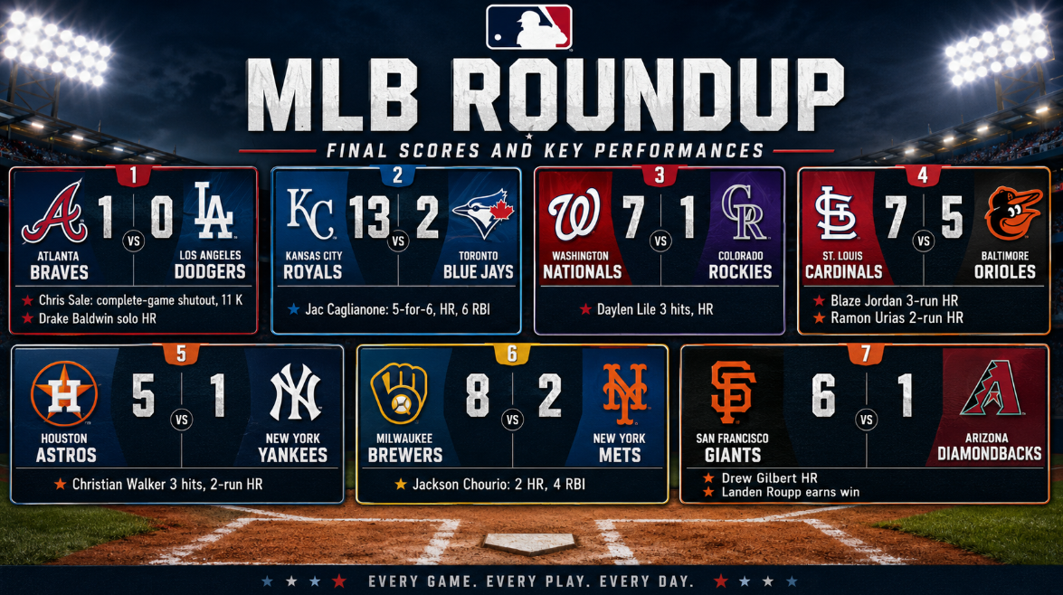 MLB roundup scoreboard showing the Atlanta Braves beating the Lo