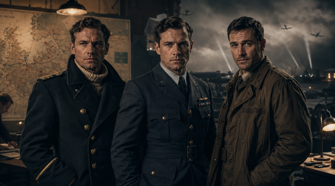 Dramatic wide-format promotional-style image showing three serious male characters in World War II-era military clothing standing