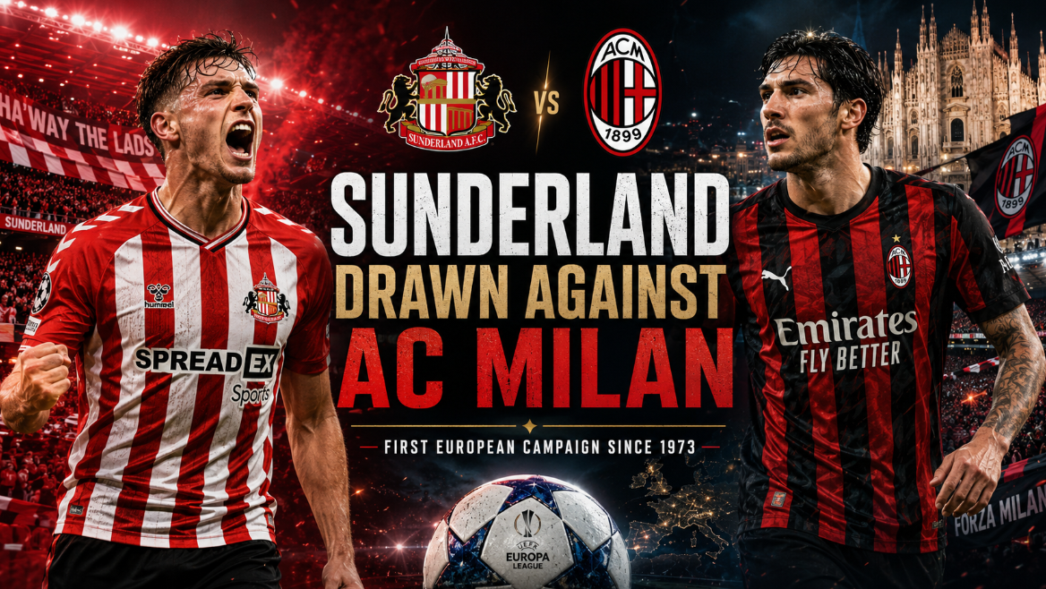 Wide soccer graphic showing Sunderland and AC Milan facing off, with players in red-and-white and red-and-black kits, club crests