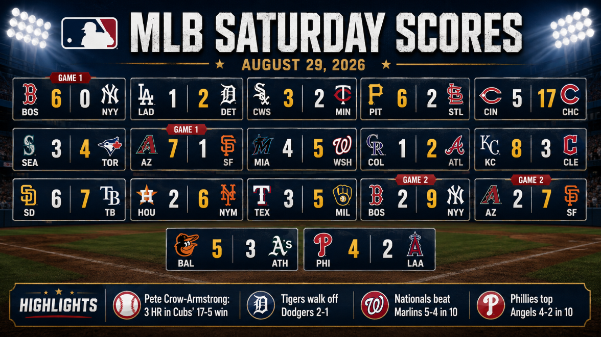 MLB Saturday scores graphic showing all 17 games played on August 29, 2026, including the Cubs’ 17-5 win over the Reds, Tigers’ 2-1 walk-off win over the Dodgers, and Phillies’ 4-2 extra-inning victory over the Angels.