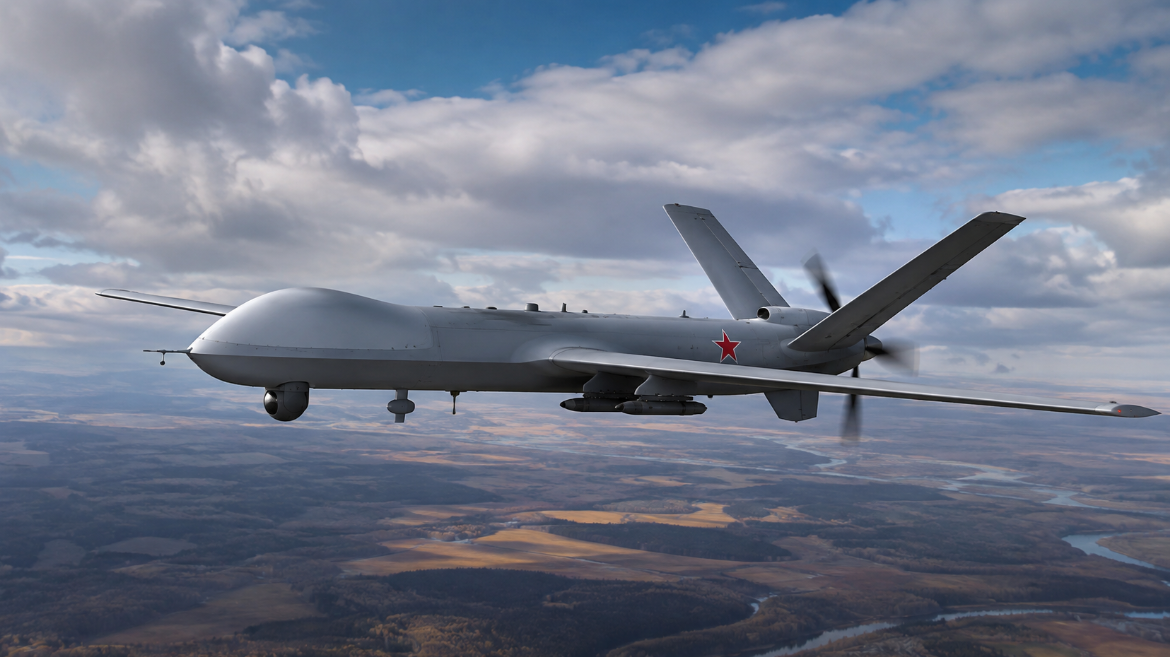 Illustration of a Russian military drone flying over open countryside beneath a cloudy sky.