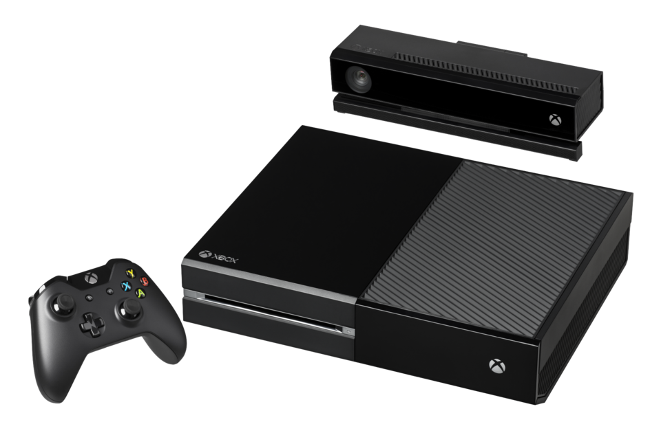 The Xbox One console, shown with the controller and the Kinect.  Released in 2013 in North America and select markets, it is the third video game console made by Microsoft and succeeds the Xbox 360.