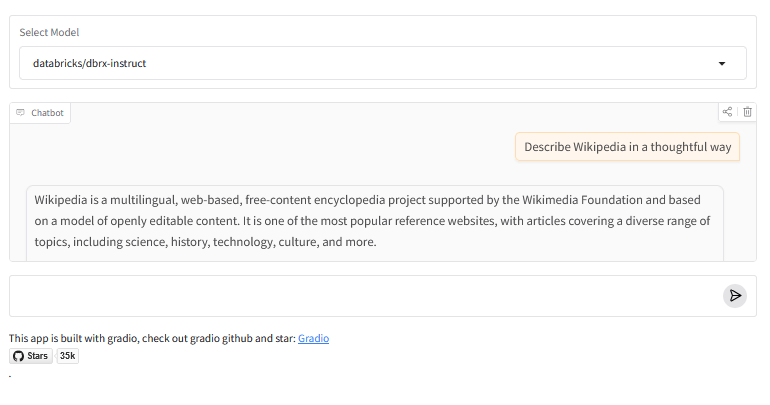 Screenshot of DBRX output describing Wikipedia in thoughtful way, taken in a Gradio instance