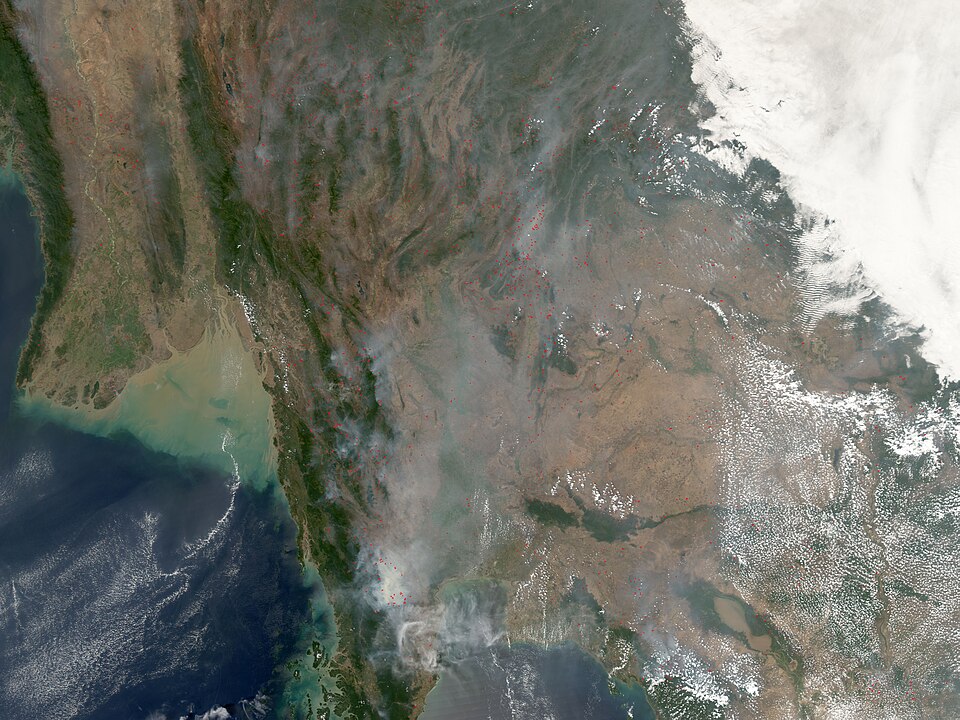 Forest fires have broken out across many countries in Southeast Asia in late February 2005. Although seasonal agricultural burning also takes place this time of year, news reports indicates that many countries are battling forest fires as well. This image from the Moderate Resolution Imaging Spectro