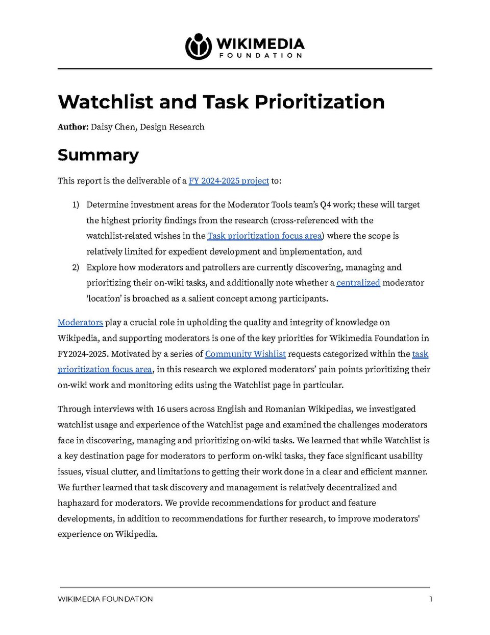 Final report for a Wikimedia Foundation Research study on watchlist and task prioritization