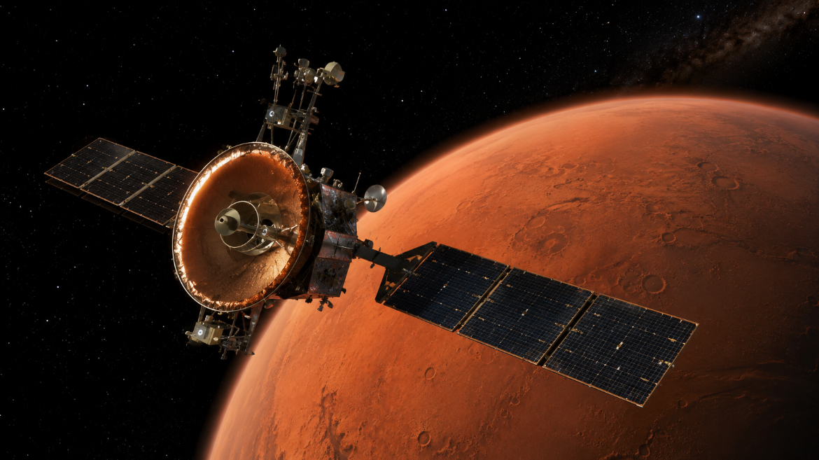 Concept illustration of a Blue Origin Mars telecommunications orbiter with large solar arrays and communications equipment flying above the surface of Mars.