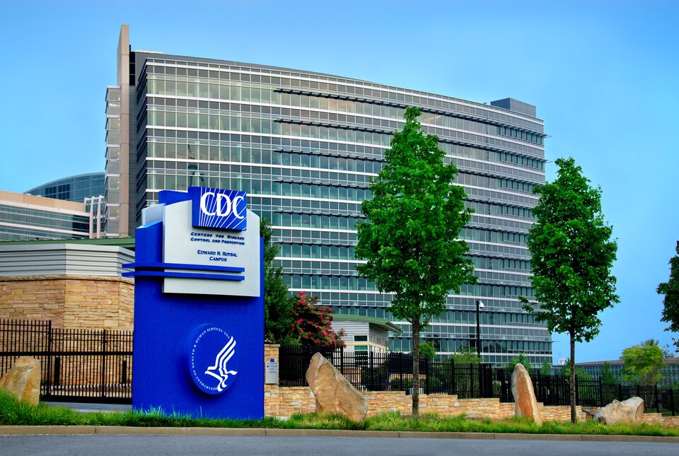 This photograph depicts an exterior view of CDC′s Roybal campus in Atlanta, GA