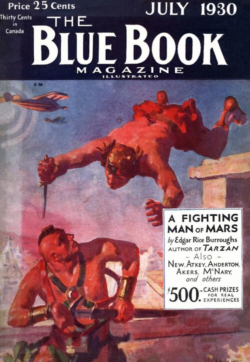 The Blue Book Magazine [Vol. 51 No. 3, July 1930] ed. Donald Kennicott (The McCall Company, 25¢, 196pp, pulp, cover: A Fighting Man of Mars %%3 by Laurence Herndon) []
· Songs of Sea and Trail: XI—“Blow, Boys, Blow” · [uncredited] · pm; illustrated by J. Fleming Gould
6 · Under Fire · Herbert L. McN