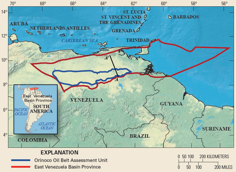 The location of the Orinoco Oil Belt (blue) with respect to the East Venezuela Basin (red)