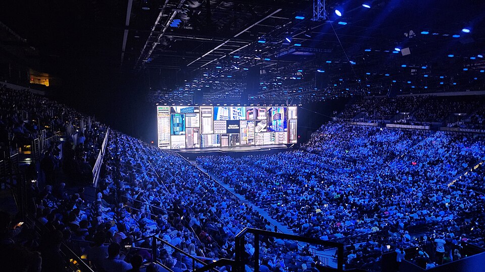 A photo of the Nvidia Keynote at the 2025 CES, which occurred in the Michelob Ultra Arena.