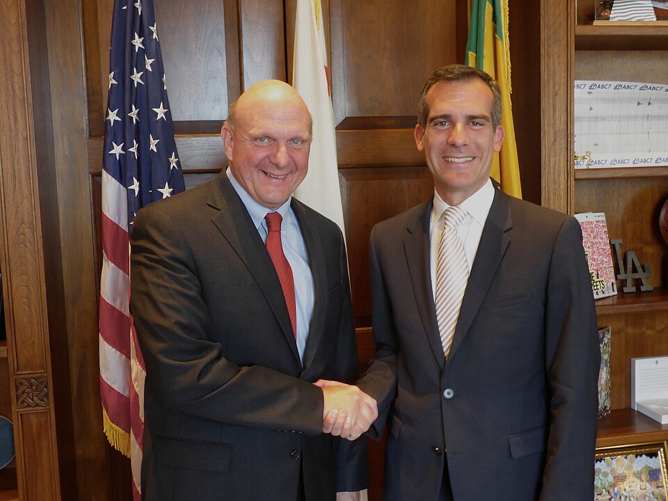 Mayor Eric Garcetti welcomes Steve Ballmer to City Hall as the new owner of the Los Angeles Clippers