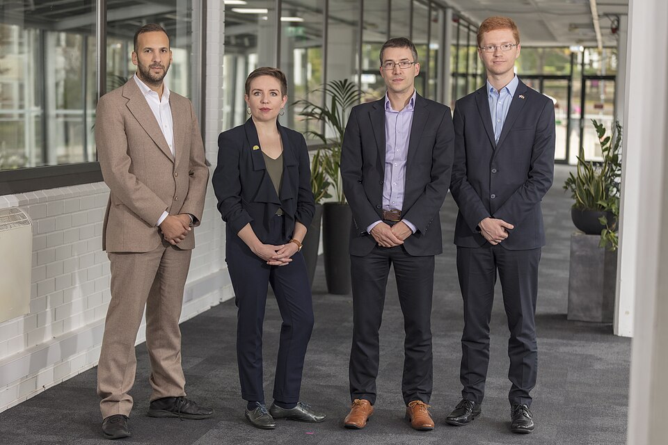 Zack Polanski (far left of the photo), Carla Denyer (middle-left),  Adrian Ramsay (middle-right), Ross Greer (far right of the photo)