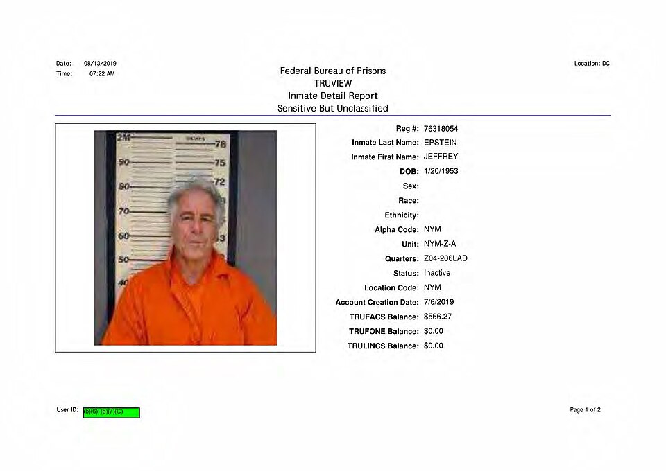 Federal Bureau of Prisons Inmate Detail Report Jeffrey Epstein