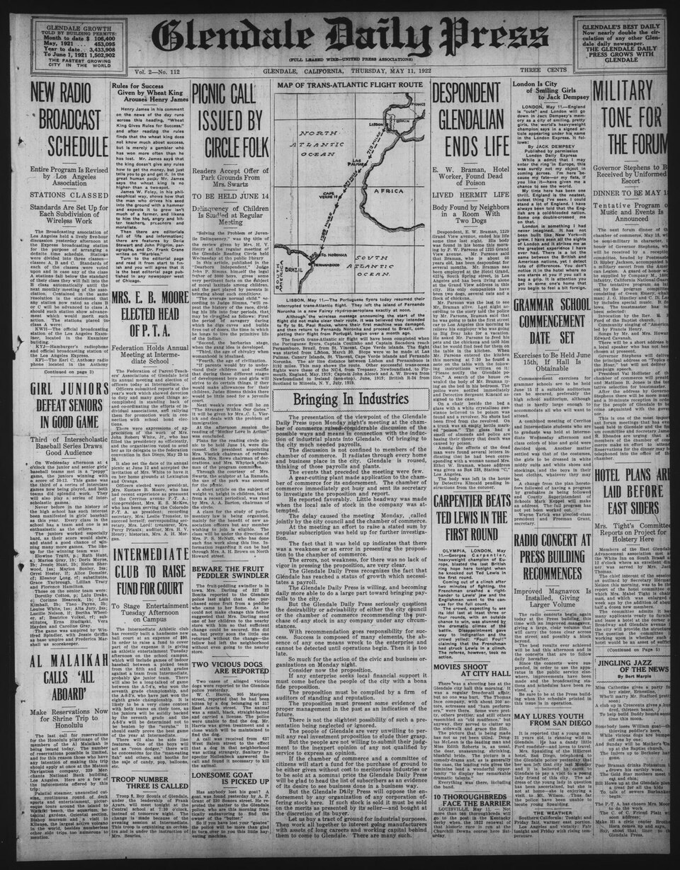 CA-R Notes for IA: Image may appear dark or faded due to the nature of microfilm. Some text runs off the page, inherent to the original.Series Title: Glendale Daily PressDescription: These newspapers document the earliest history of Glendale as an incorporated city and the later-annexed community of