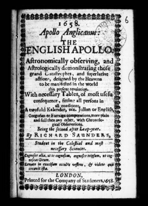 1658. Apollo Anglicanus:... 1658..Digitized from IA40310617-58.Previous issue: bim_early-english-books-1641-1700_rose-1694-a-new-almana_almanacs-rose-george_1694.Next issue: bim_early-english-books-1641-1700_1675-apollo-anglicanus-_almanacs-saunders-rich_1675.

Subjects: Books; microfilm