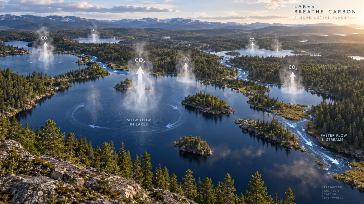 Wide infographic-style landscape showing interconnected lakes and streams in northern Sweden, with carbon dioxide rising from lakes