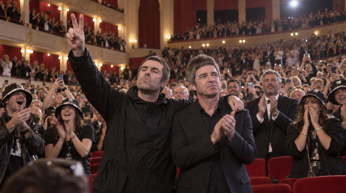 Liam and Noel Gallagher stand together inside a packed theater as fans cheer during the Venice Film Festival premiere of the Oasis documentary Don’t Look Back in Anger.