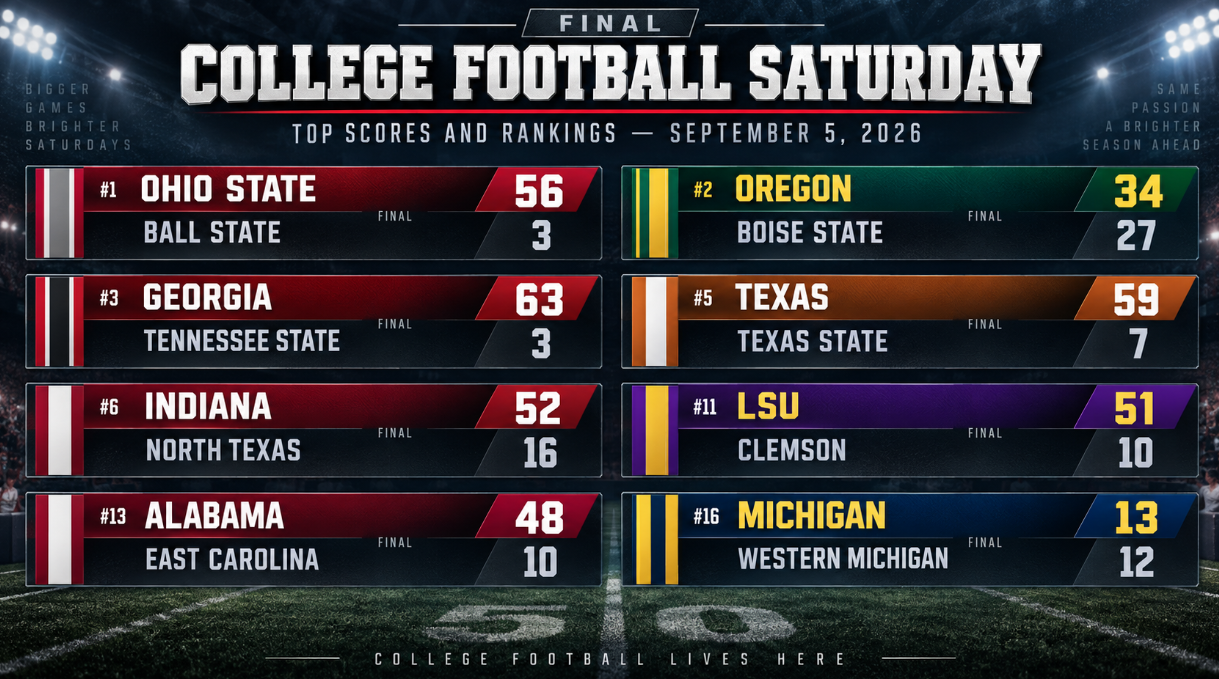 College football scoreboard graphic showing final scores and rankings for major September 5, 2026 games, including Ohio State, Oregon, Georgia, Texas