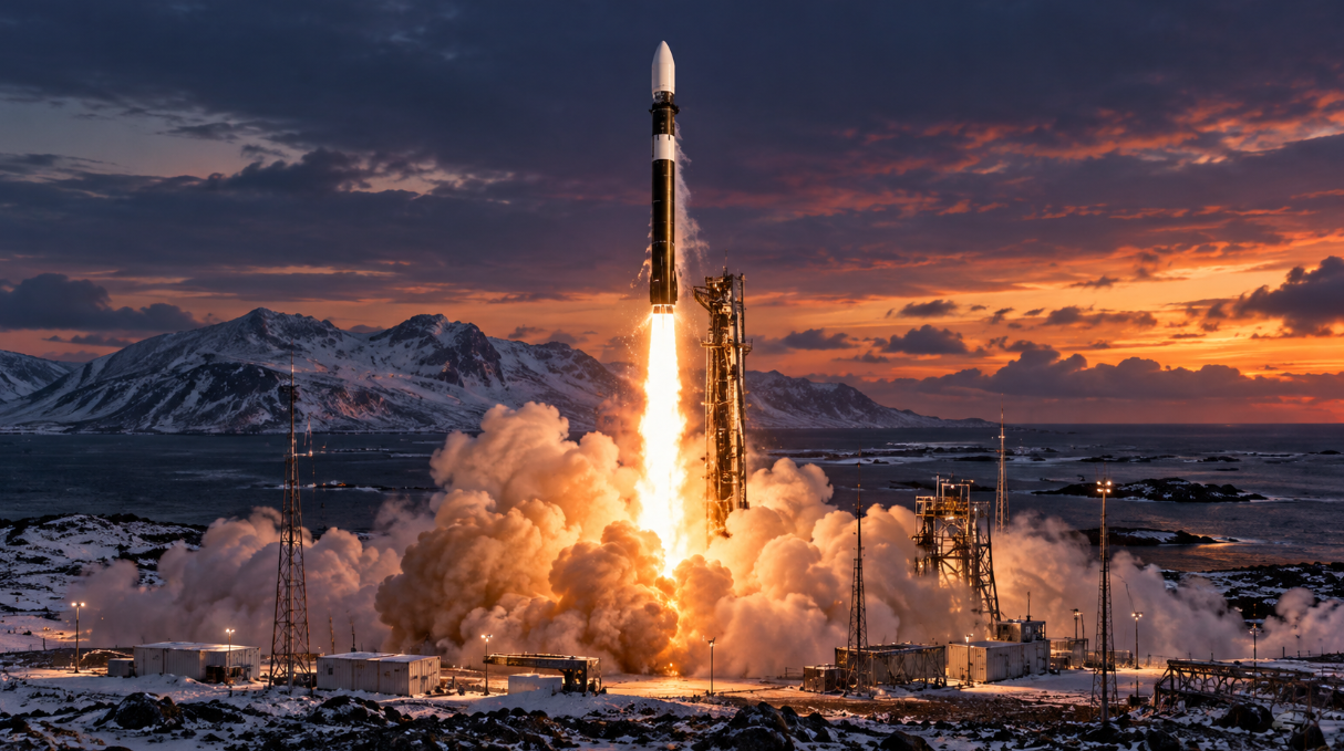 Isar Aerospace’s Spectrum rocket launches from Andøya Spaceport in northern Norway at dusk, sending a bright plume of fire and smoke above the Arctic landscape.