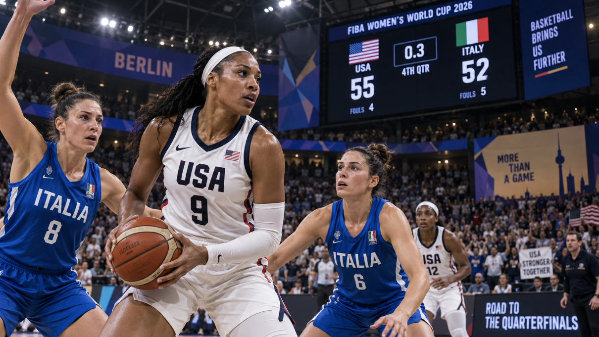Team USA women’s basketball player battles Italian defenders during a tense 55-52 victory at the 2026 FIBA Women’s World Cup in Berlin.
