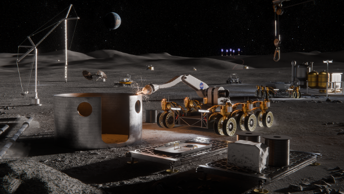 Artistic concept of lunar surface technologies and infrastructure capabilities, including in-situ resource utilization oxygen production systems, surface power systems, in‑space manufacturing tools, and advanced nanomaterials production. NASA