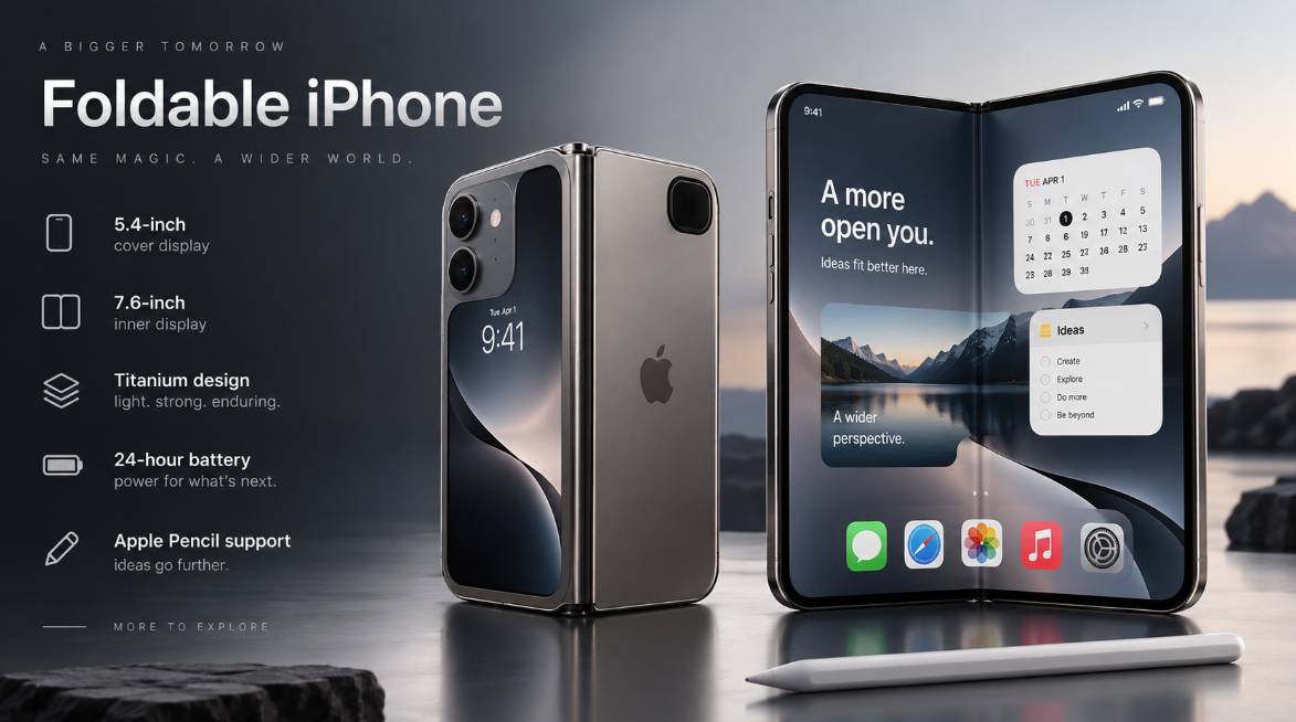 Graphic showing a foldable Apple iPhone in closed and open positions with a larger inner display, titanium-style frame and Apple Pencil support.