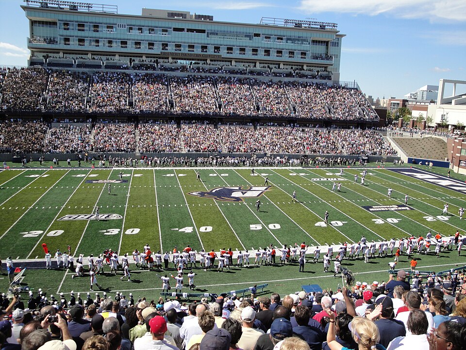 Image of the press tower at InfoCision Stadium at the University of Akron, in Akron, Ohio.