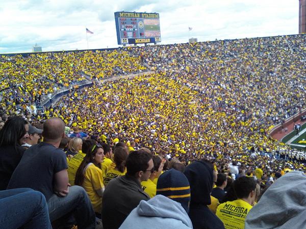 The student section at Michigan Stadium during its first game of the 2010 season.  The game had 113,090 in attendance, an NCAA record.