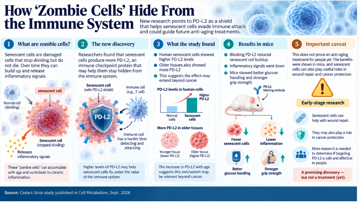 Medical infographic showing how senescent “zombie cells” may use the PD-L2 protein to avoid immune attack, along with findings from mouse studies