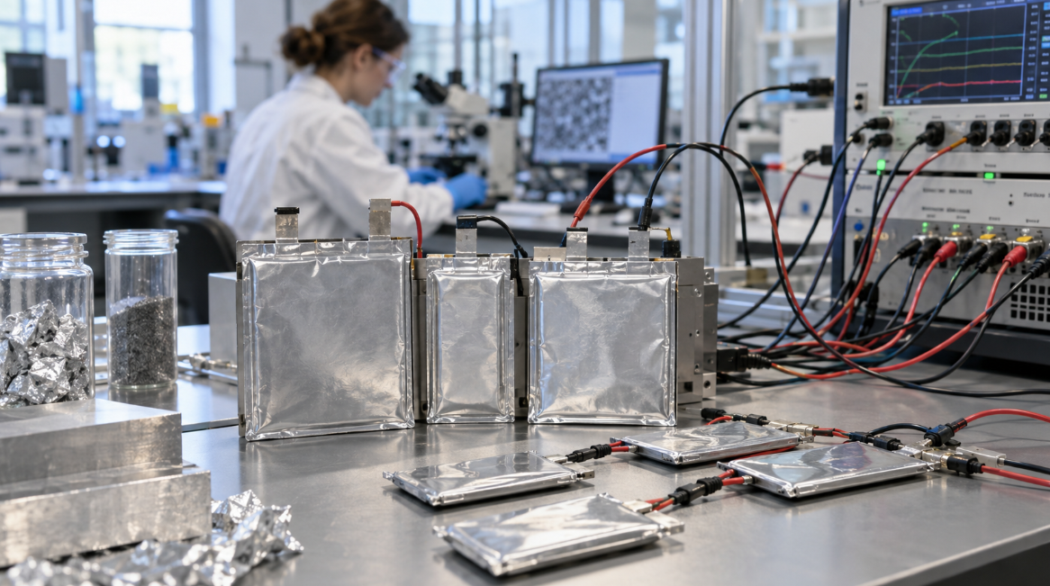 Prototype aluminum-ion pouch batteries connected to testing equipment on a laboratory bench while a researcher works in the backgroun