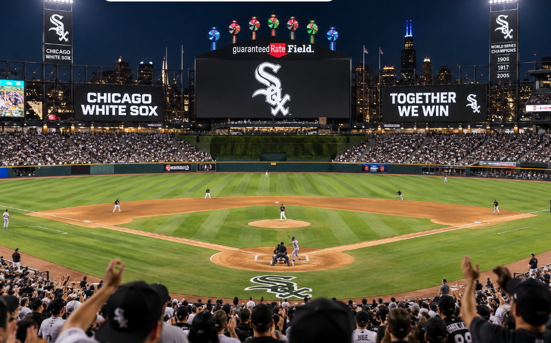 Chicago White Sox players compete under the lights at Guaranteed Rate Field as fans fill the stadium during a celebratory night game.