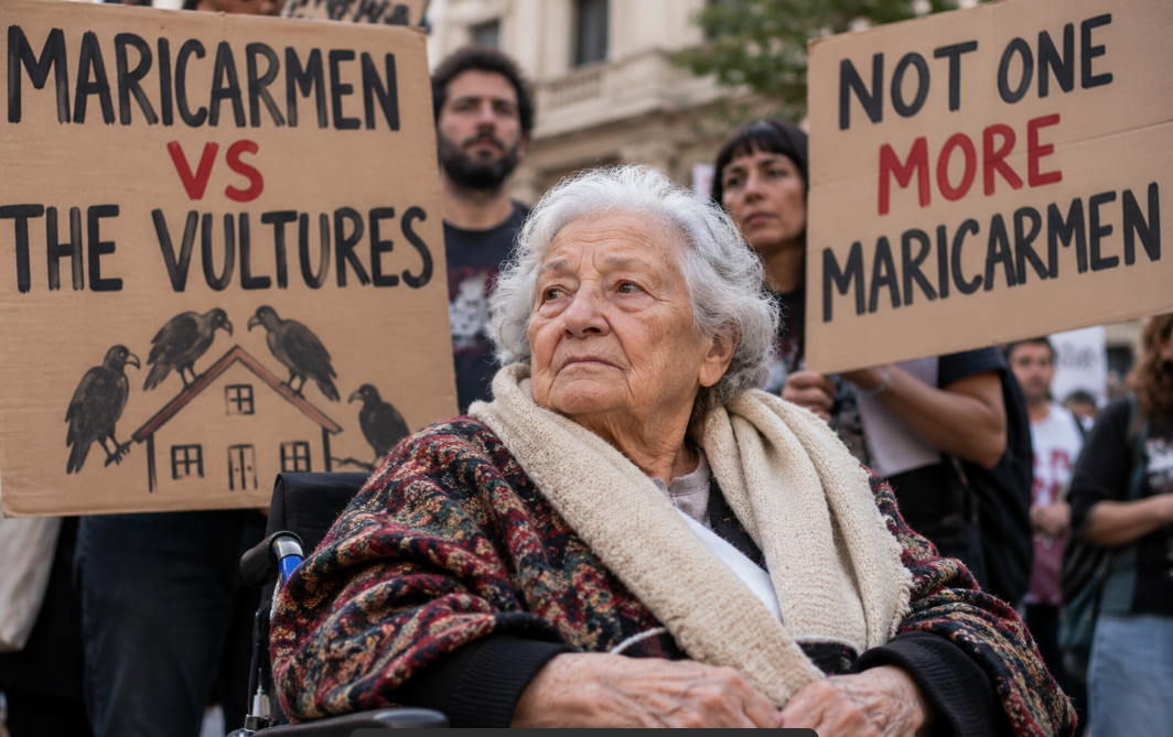 An elderly woman in a wheelchair sits among housing protesters holding signs opposing the eviction of Maricarmen Abascal in Madrid.