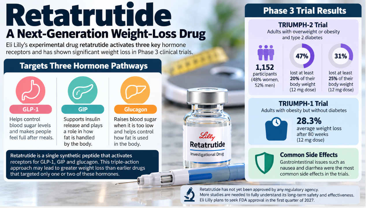 Landscape infographic explaining Eli Lilly’s experimental weight-loss drug retatrutide, including its GLP-1, GIP, and glucagon targets, Phase 3 TRIUMPH trial weight-loss results, common gastrointestinal side effects, and investigational status.