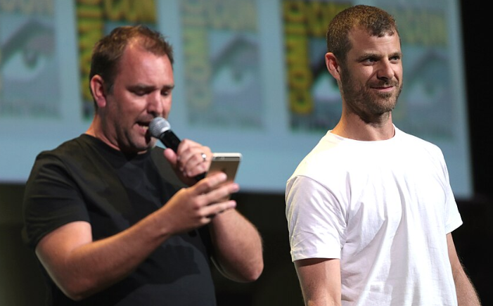 Trey Parker and Matt Stone speaking at the 2016 San Diego Comic Con International, for "South Park: Season 20", at the San Diego Convention Center in San Diego, California.