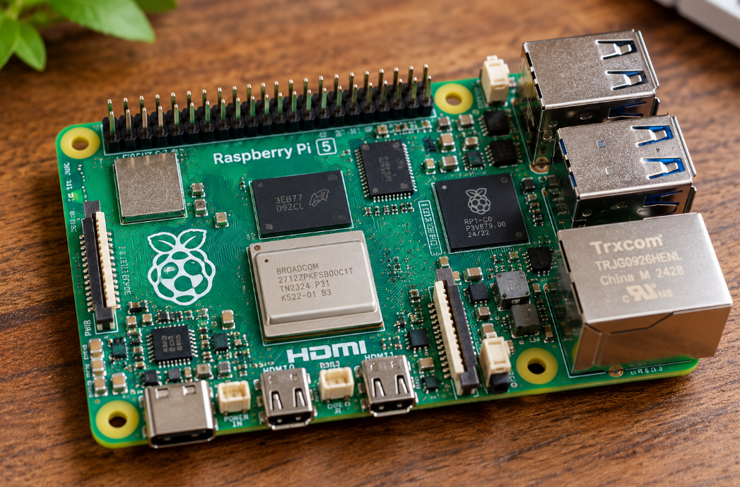 Close-up of a Raspberry Pi 5 circuit board on a wooden desk showing its processor, USB ports, HDMI connections, GPIO pins and other electronic components.