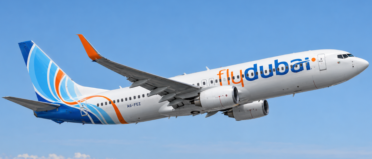 Flydubai Boeing 737 passenger jet flying through a clear blue sky.