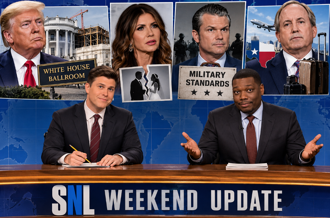 Satirical Weekend Update-style news desk with political imagery referencing Donald Trump’s White House ballroom, Kristi Noem’s divorce, Pete Hegseth’s military standards, and Ken Paxton’s travel.