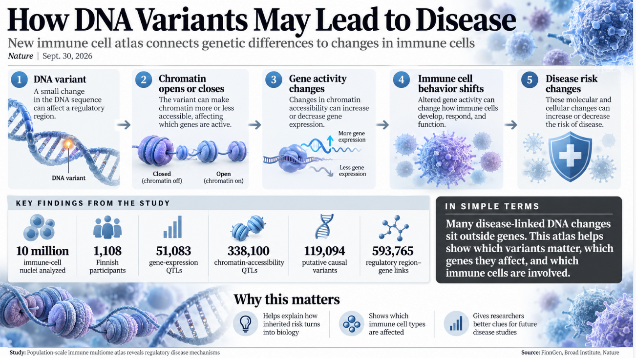 Infographic showing how DNA variants can affect chromatin, change gene activity, alter immune cell behavior, and influence disease risk, based on a study of more than 10 million immune-cell nuclei.